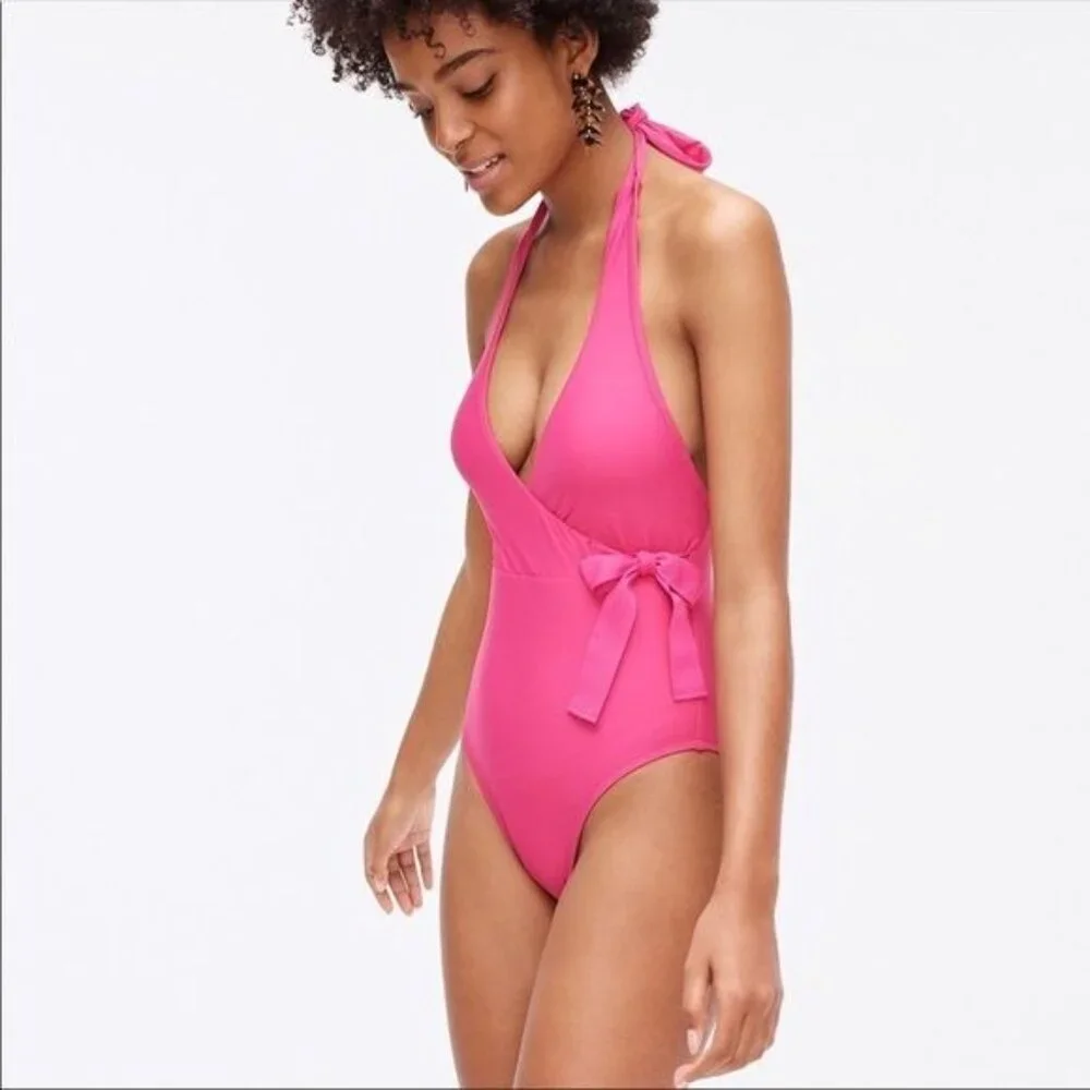 J. Crew Halter Wrap One-piece Swimsuit, Fuchsia Bloom NWT